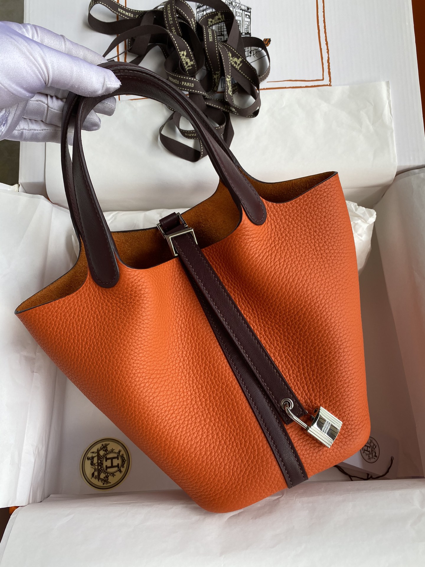 Hermes Picotin Lock 18 Bag In Orange/Bordeaux Clemence Leather